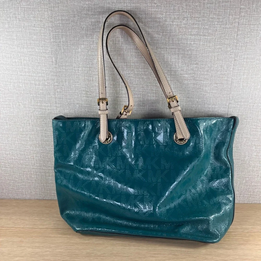 Michael Kors Large Teal Patent Embossed Logo Tote Shoulder Bag Gold Hardware